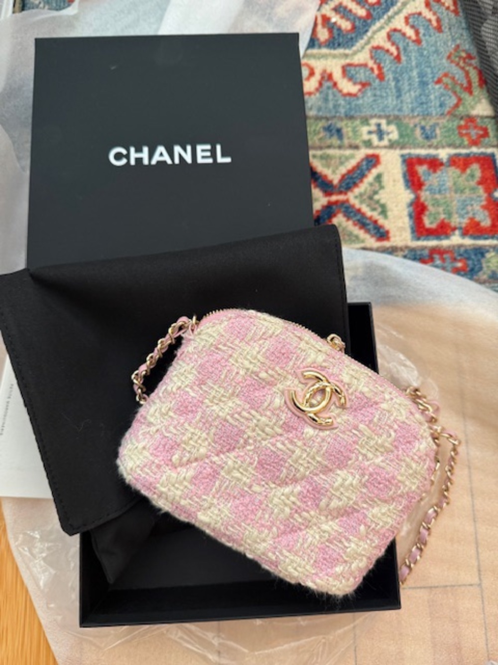 VIP Pink & Cream Tweed Mini Shoulder Bag with Gold Hardware